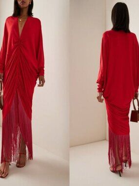 NWT Silvia Tcherassi Draped Long Sleeve Fringed Rosalyn Jersey Dress Rouge Large